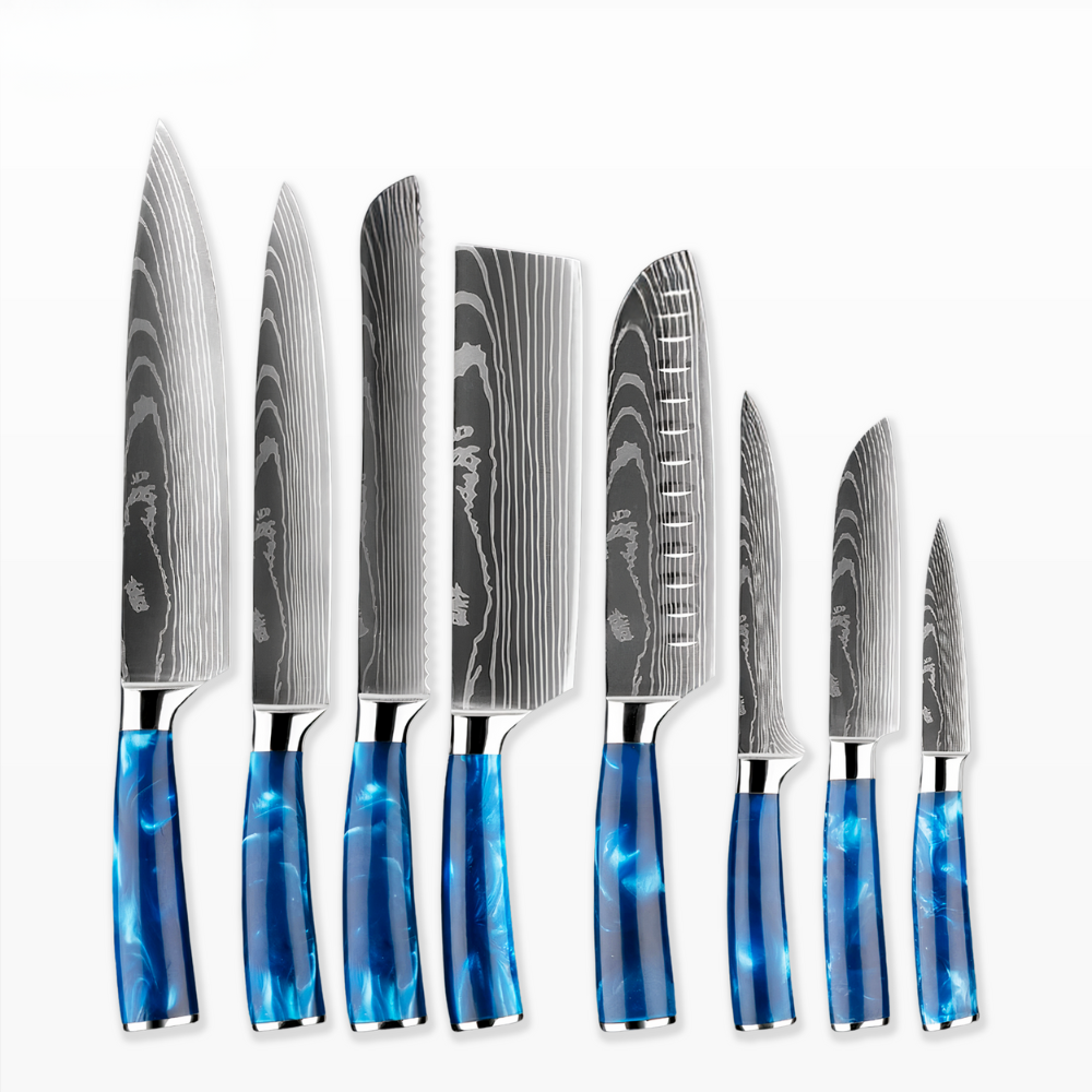 Køkkensæt med knive Blåt håndtag i harpiksdesign