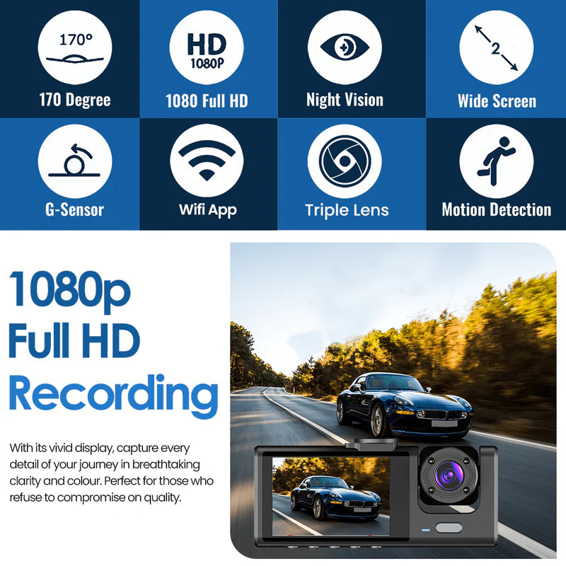Dash Cam tredobbelt linse bilkamera natvision