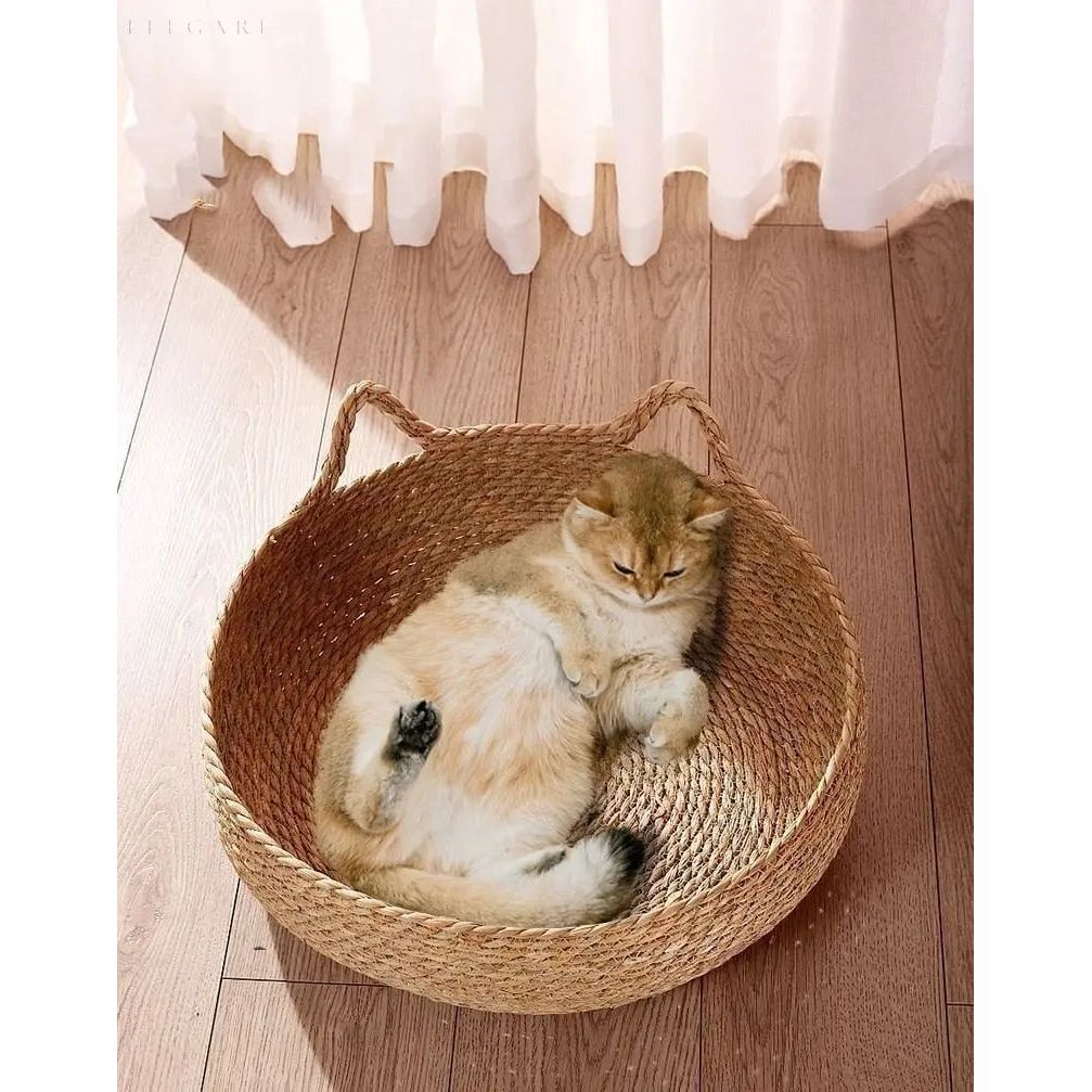 Cat Bed Wicker Basket with Soft Cushion