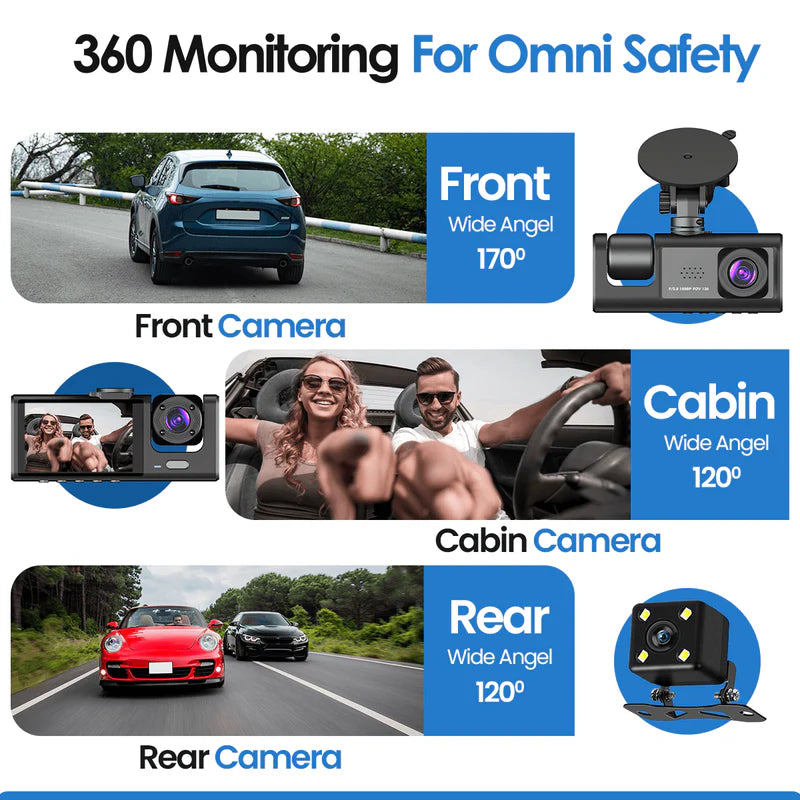 Dash Cam tredobbelt linse bilkamera natvision