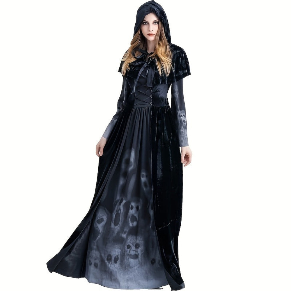Gothic Hexe Halloween Kostüm Kleid mit Totenkopf-Print
