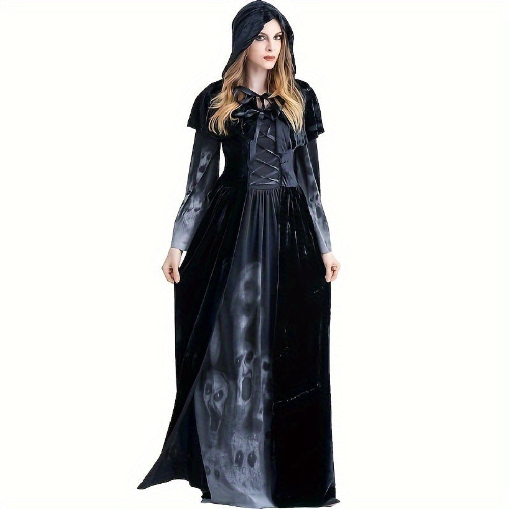 Gothic Hexe Halloween Kostüm Kleid mit Totenkopf-Print