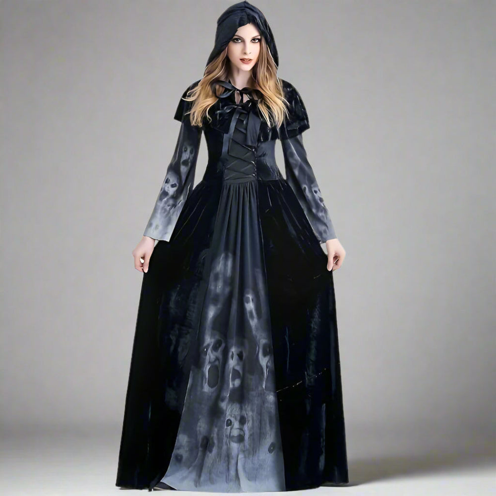 Gothic Hexe Halloween Kostüm Kleid mit Totenkopf-Print