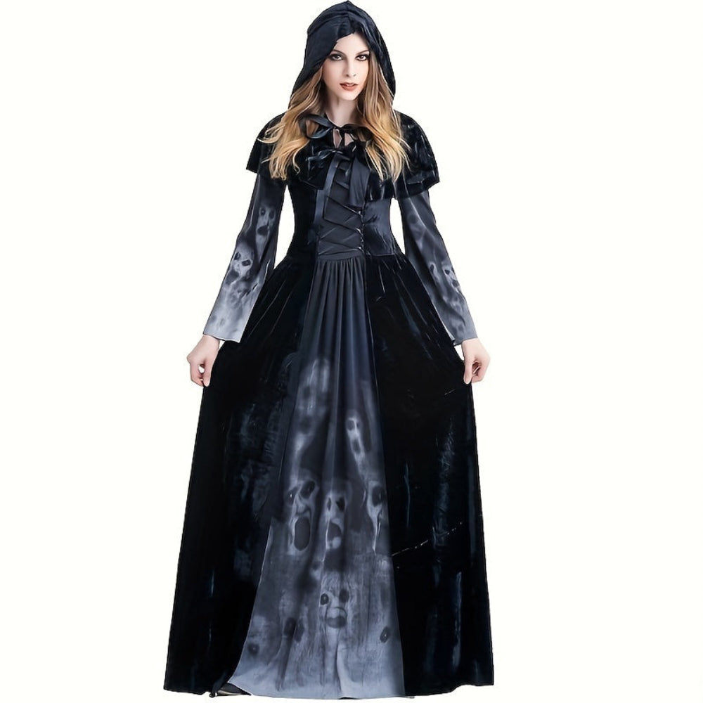 Gothic Hexe Halloween Kostüm Kleid mit Totenkopf-Print