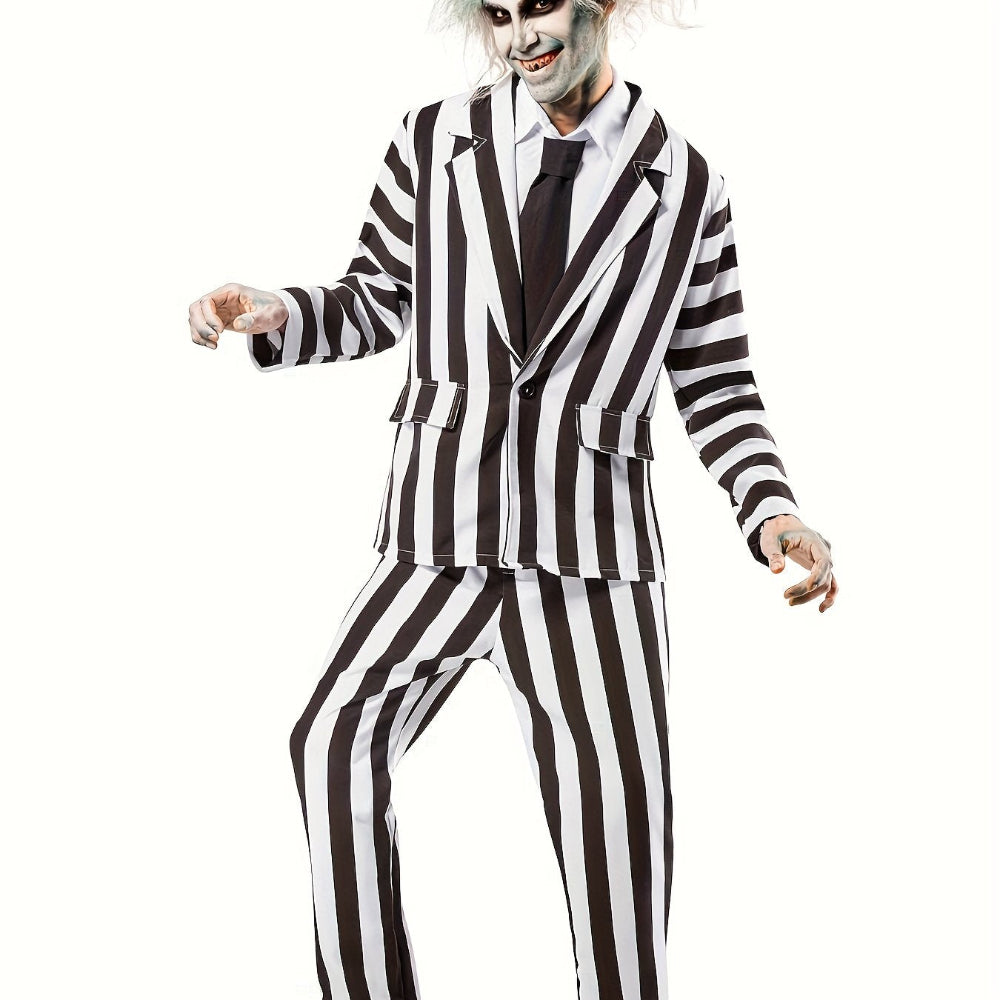 Halloween-Kostüm Schwarz Weiß Gestreifter Polyesteranzug Herren