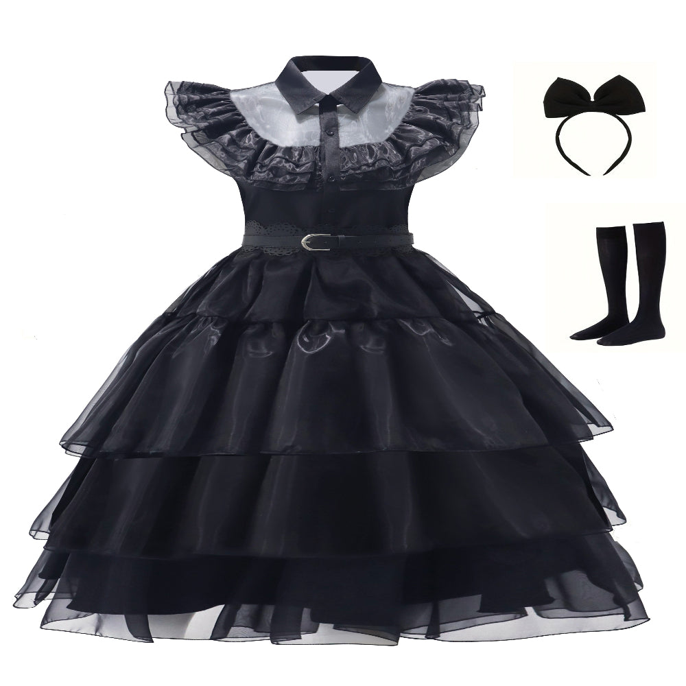 Halloween-Kostüm Gotisches Schwarzes Kleid mit Rüschen und Netzstoff