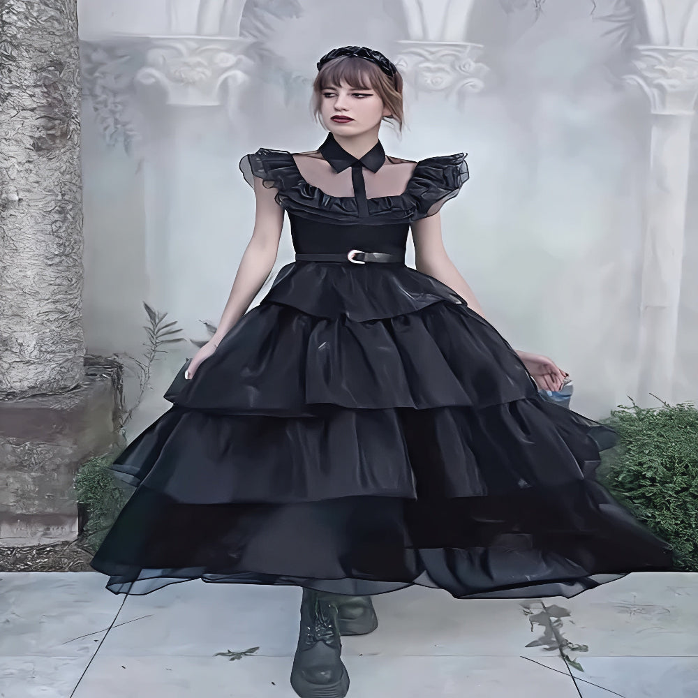 Halloween-Kostüm Gotisches Schwarzes Kleid mit Rüschen und Netzstoff