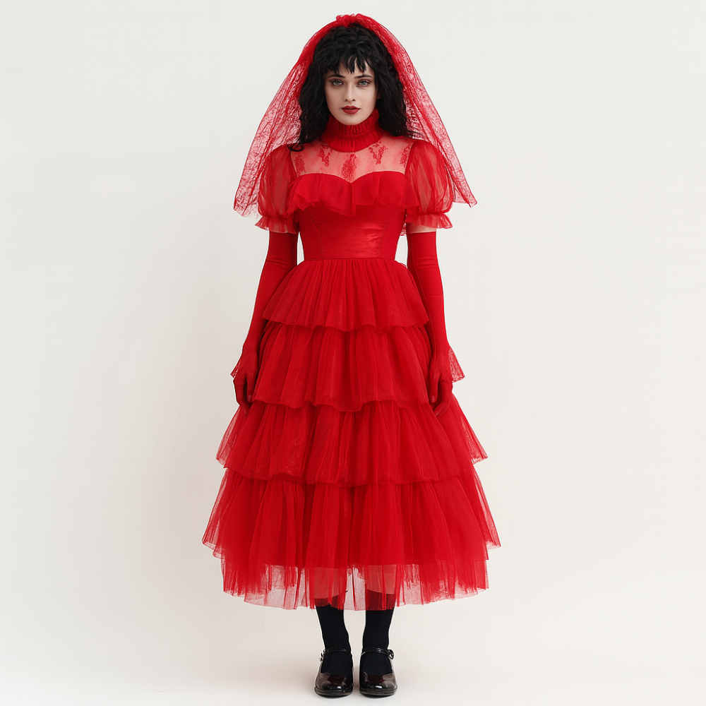 Costume d'Halloween Robe longue en dentelle rouge gothique