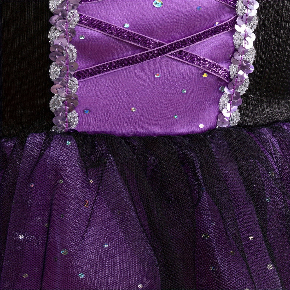 Costume de sorcière d'Halloween pour enfants en polyester avec dentelle, robe de fête et chapeau