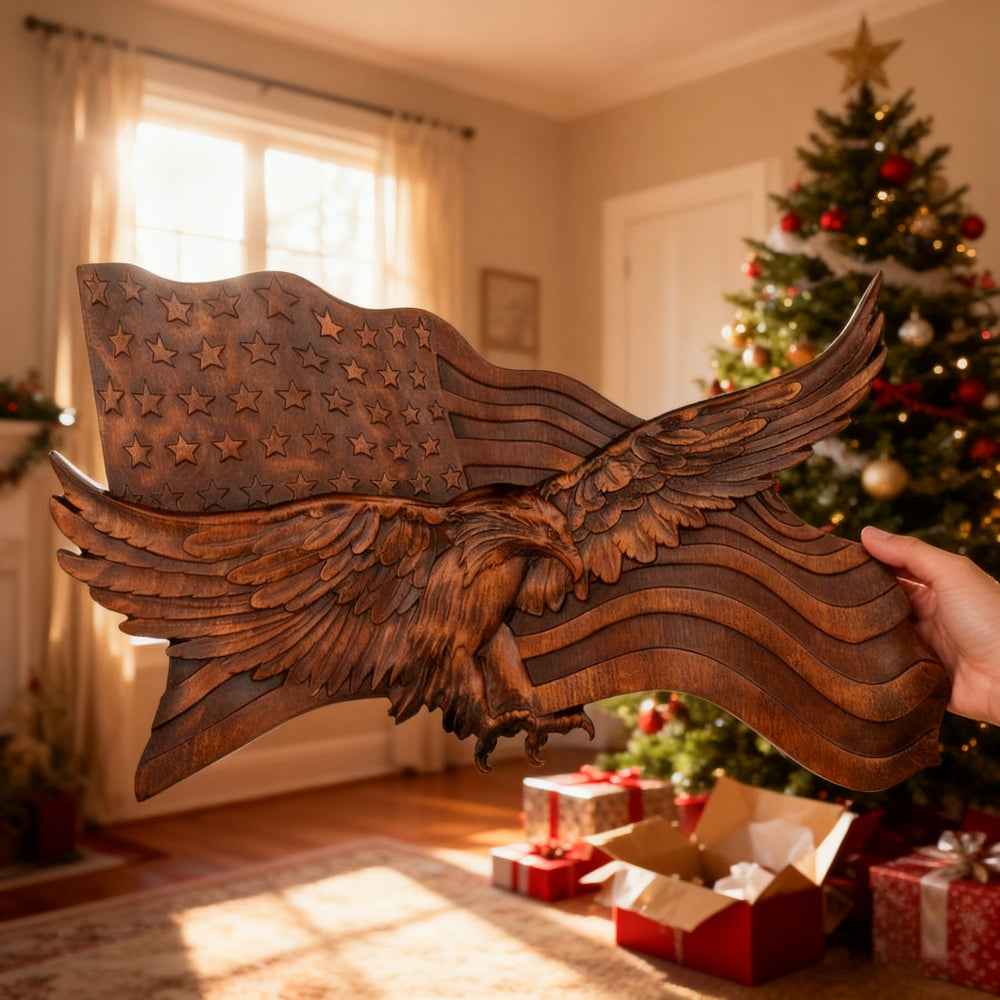 Rustikale amerikanische Flaggen-Wandkunst geschnitzte Adler-Holzskulptur