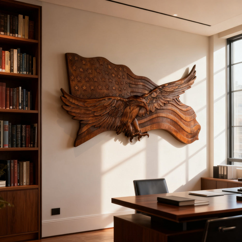 Rustic American Flag Wall Art Carved Eagle Wood Sculpture