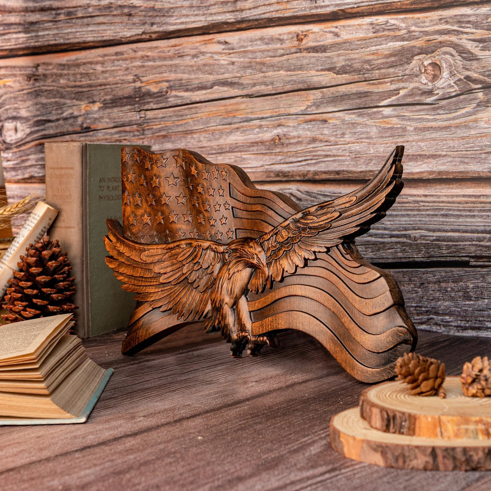 Rustic American Flag Wall Art Carved Eagle Wood Sculpture