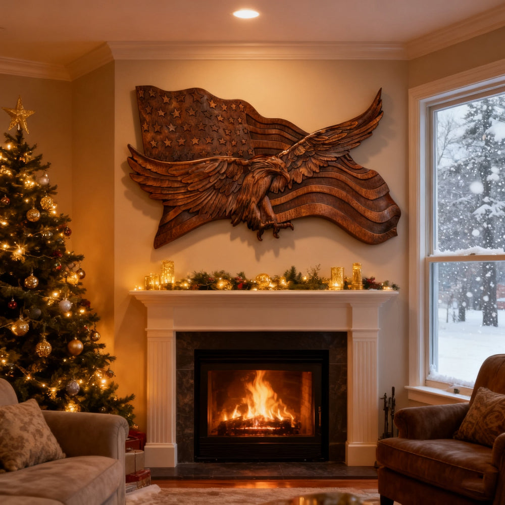 Rustic American Flag Wall Art Carved Eagle Wood Sculpture