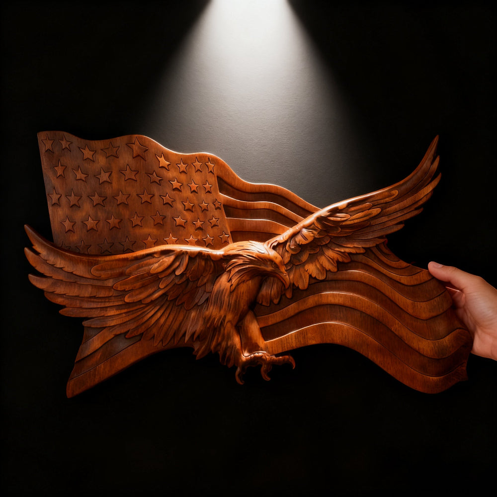 Rustic American Flag Wall Art Carved Eagle Wood Sculpture
