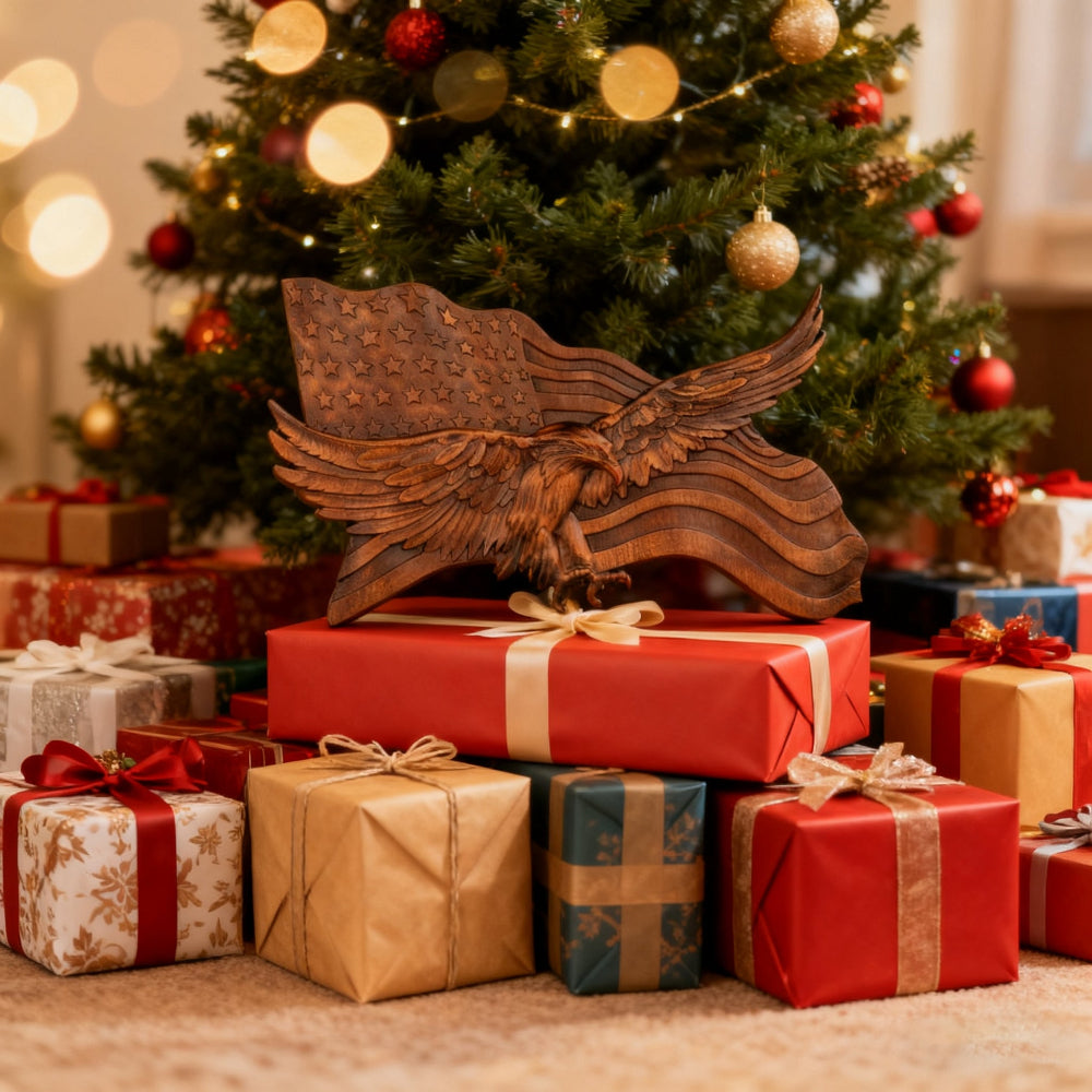 Rustic American Flag Wall Art Carved Eagle Wood Sculpture