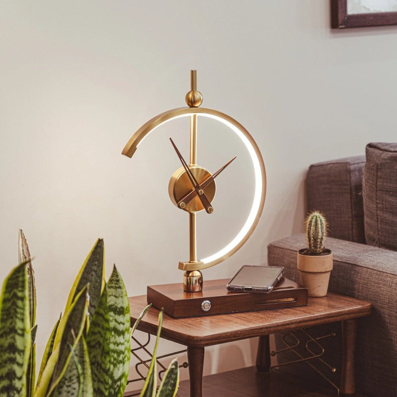 Bordlampe Moderne Træ Ur Oplader Lys