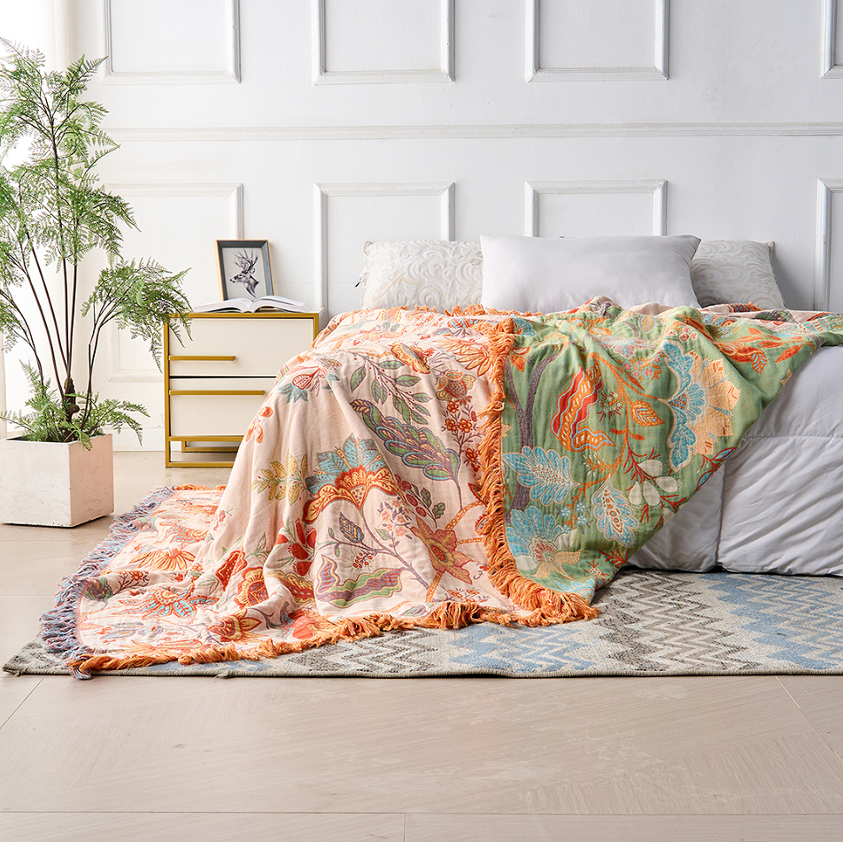 Bomuld Tæppe Boho Blomstret Sofaovertræk