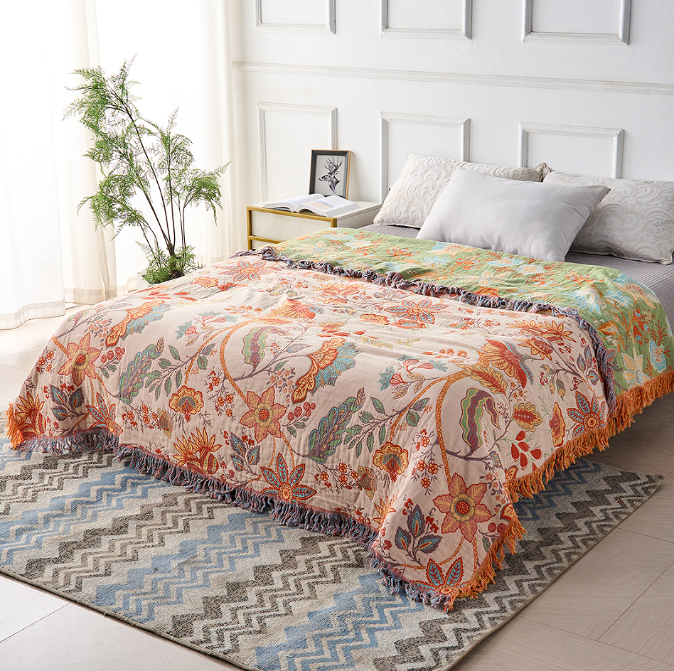 Bomuld Tæppe Boho Blomstret Sofaovertræk