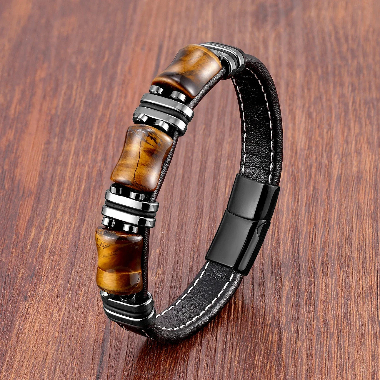 Bracelet en cuir avec pierre naturelle œil de tigre