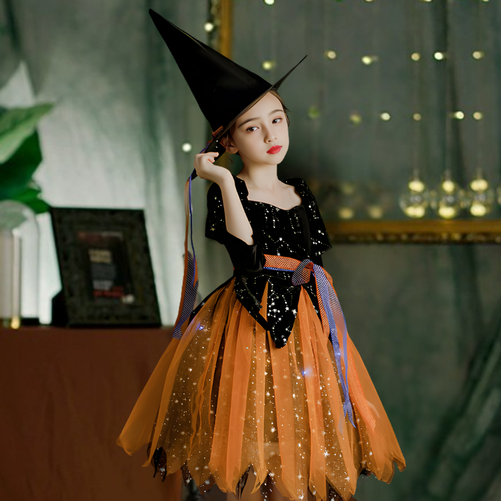 Halloween Witch Costume Kids Mesh Party Dress