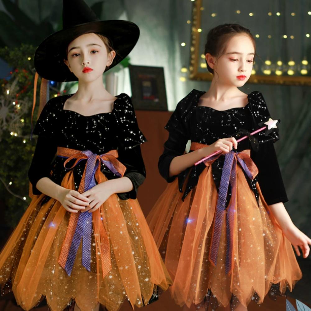 Halloween Witch Costume Kids Mesh Party Dress