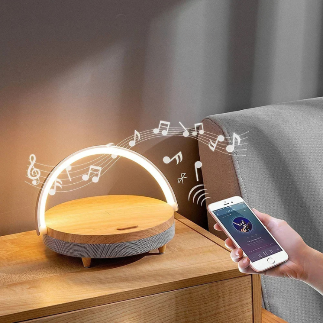 Bordlampe med trådløs oplader og Bluetooth-højttaler