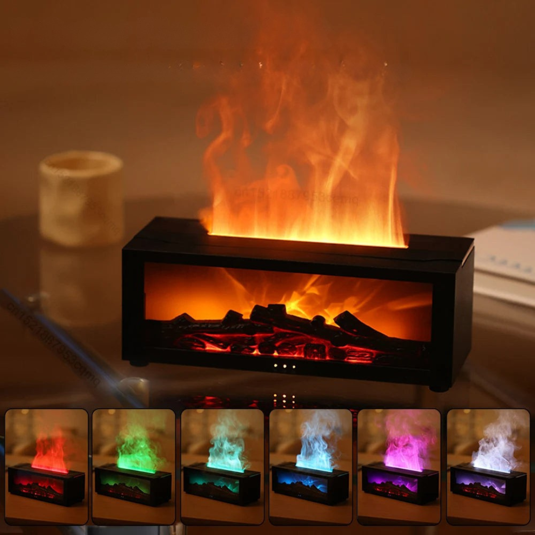Luftfugter med flammeeffekt og aromadiffuser