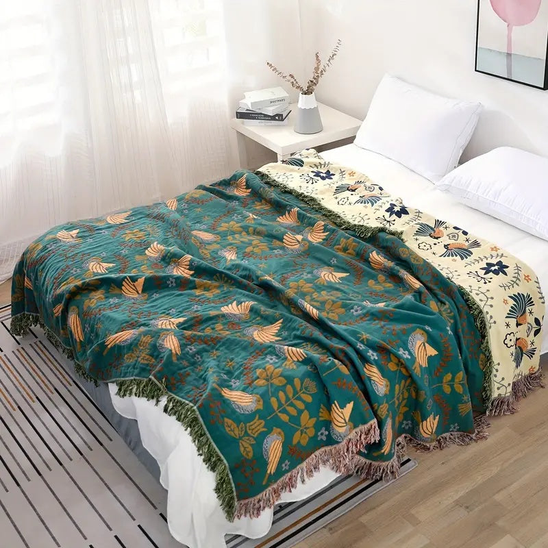 Plaid en coton motif oiseau nordique