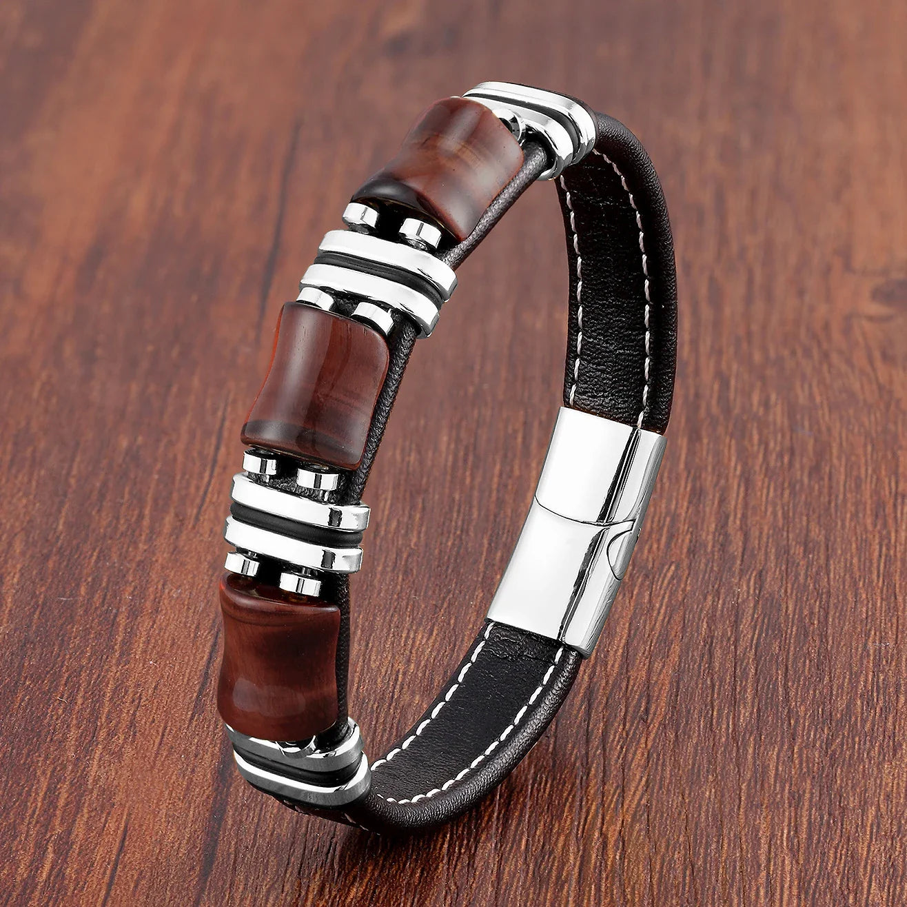 Bracelet en cuir avec pierre naturelle œil de tigre