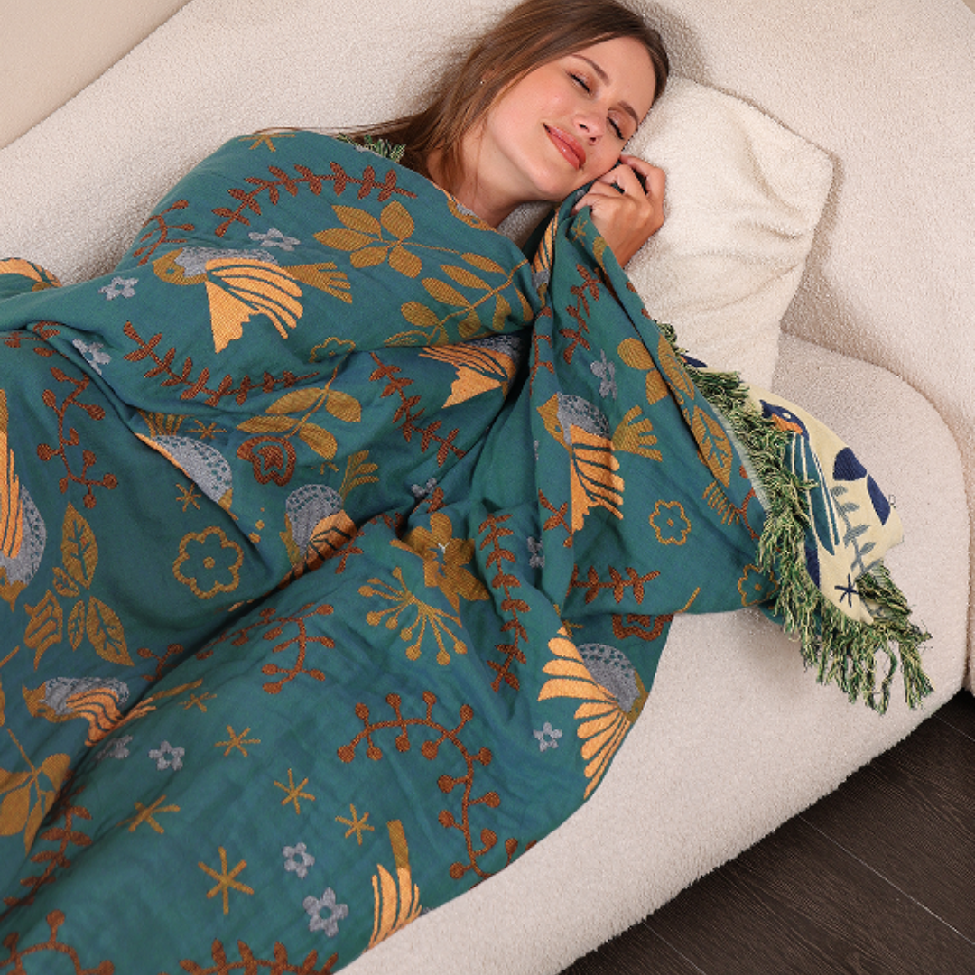 Plaid en coton motif oiseau nordique