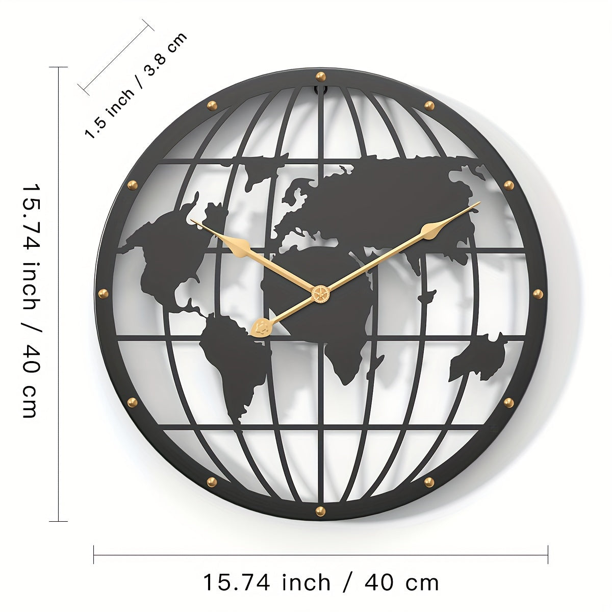 WorldTime - Silent 40cm Metal Clock with Golden Accents