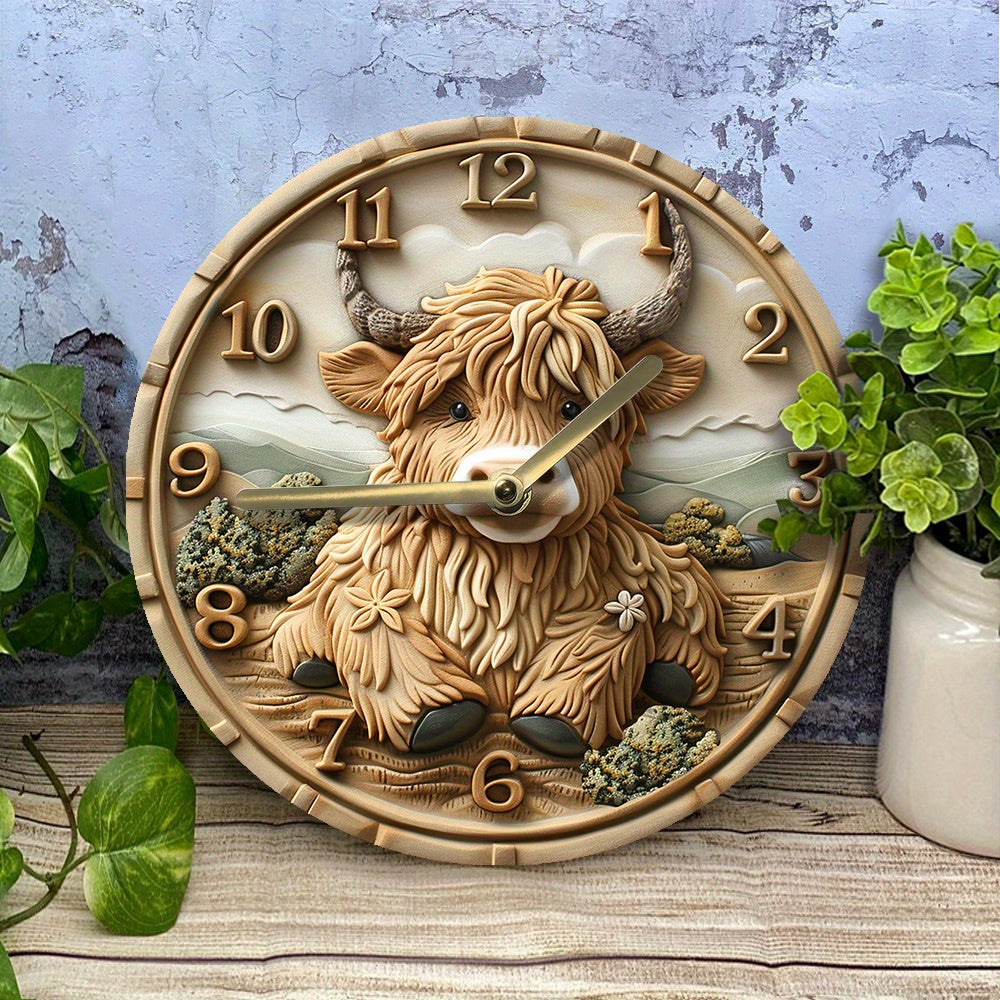 MeadowGlow - Silent Wall Clock with Highland Cow Design