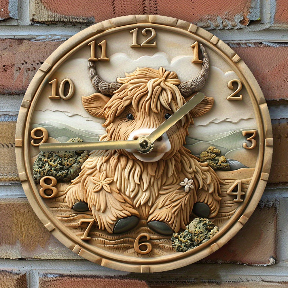 MeadowGlow - Silent Wall Clock with Highland Cow Design