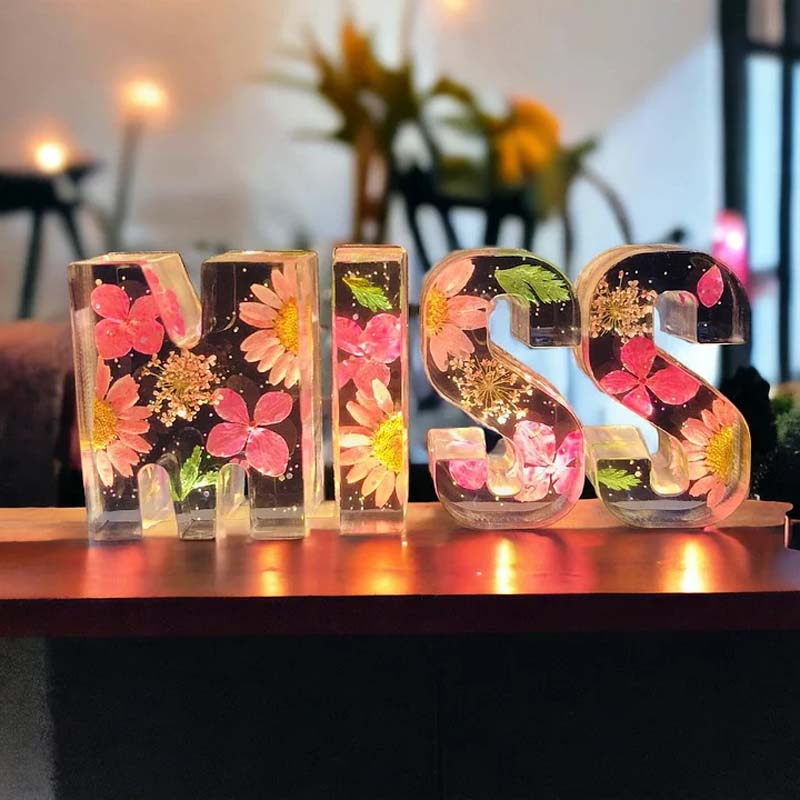 Letter Resin Lamp with Dried Flowers