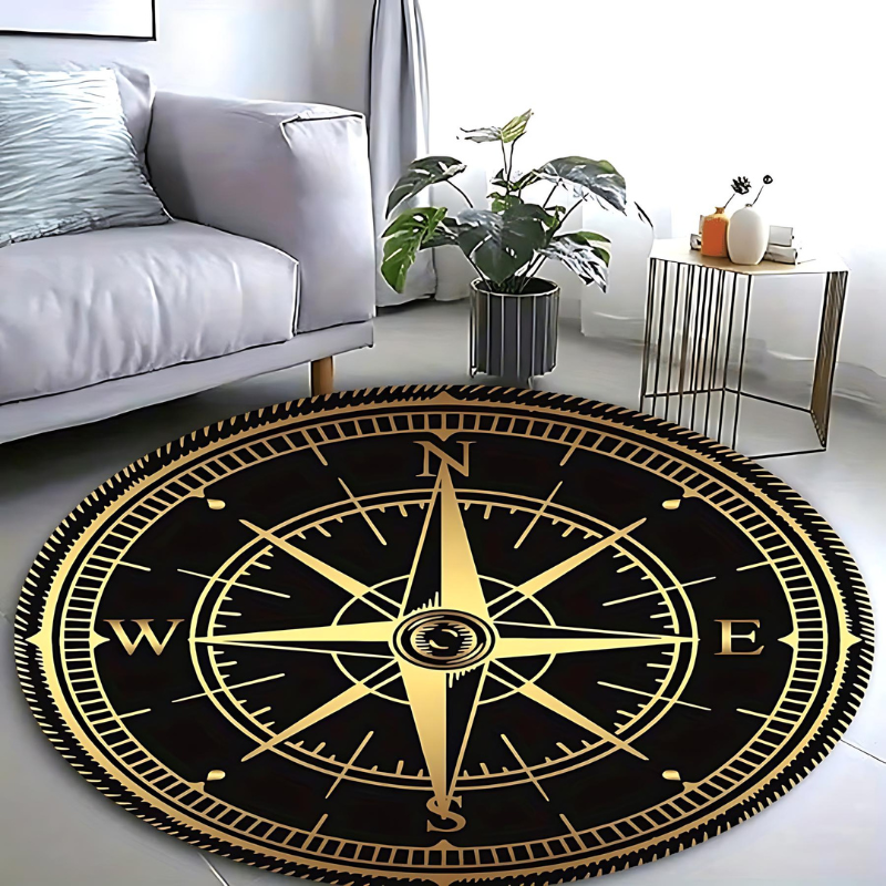 Compass Circle – Stylish Non-Slip Round Rug with Elegant Design for Living Room & Bedroom Space