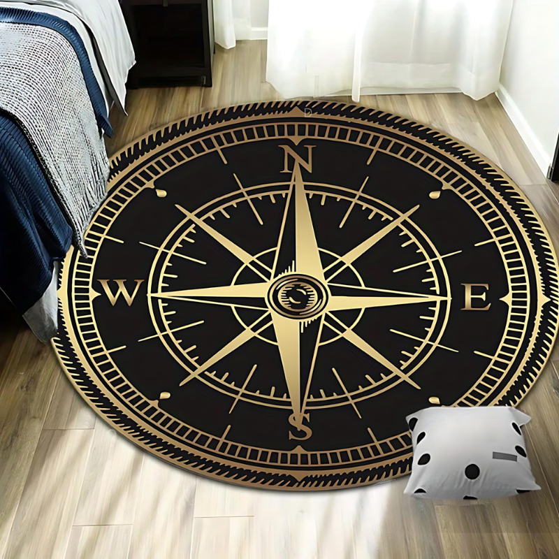 Compass Circle – Stylish Non-Slip Round Rug with Elegant Design for Living Room & Bedroom Space