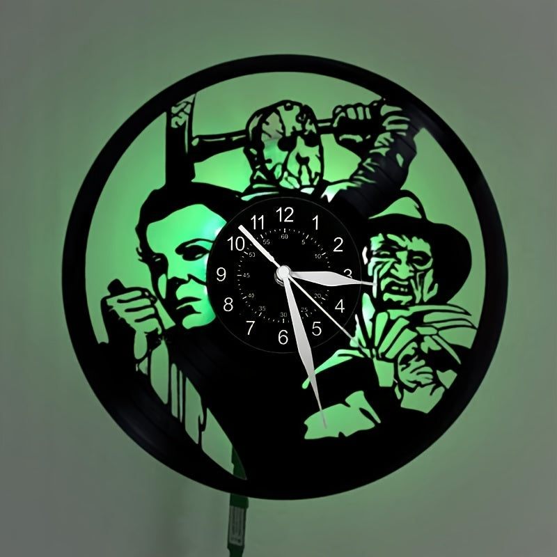 FearTime - Silent Horror-Themed Wall Clock, Vinyl Record