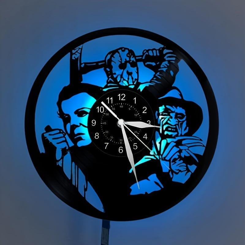 FearTime - Silent Horror-Themed Wall Clock, Vinyl Record