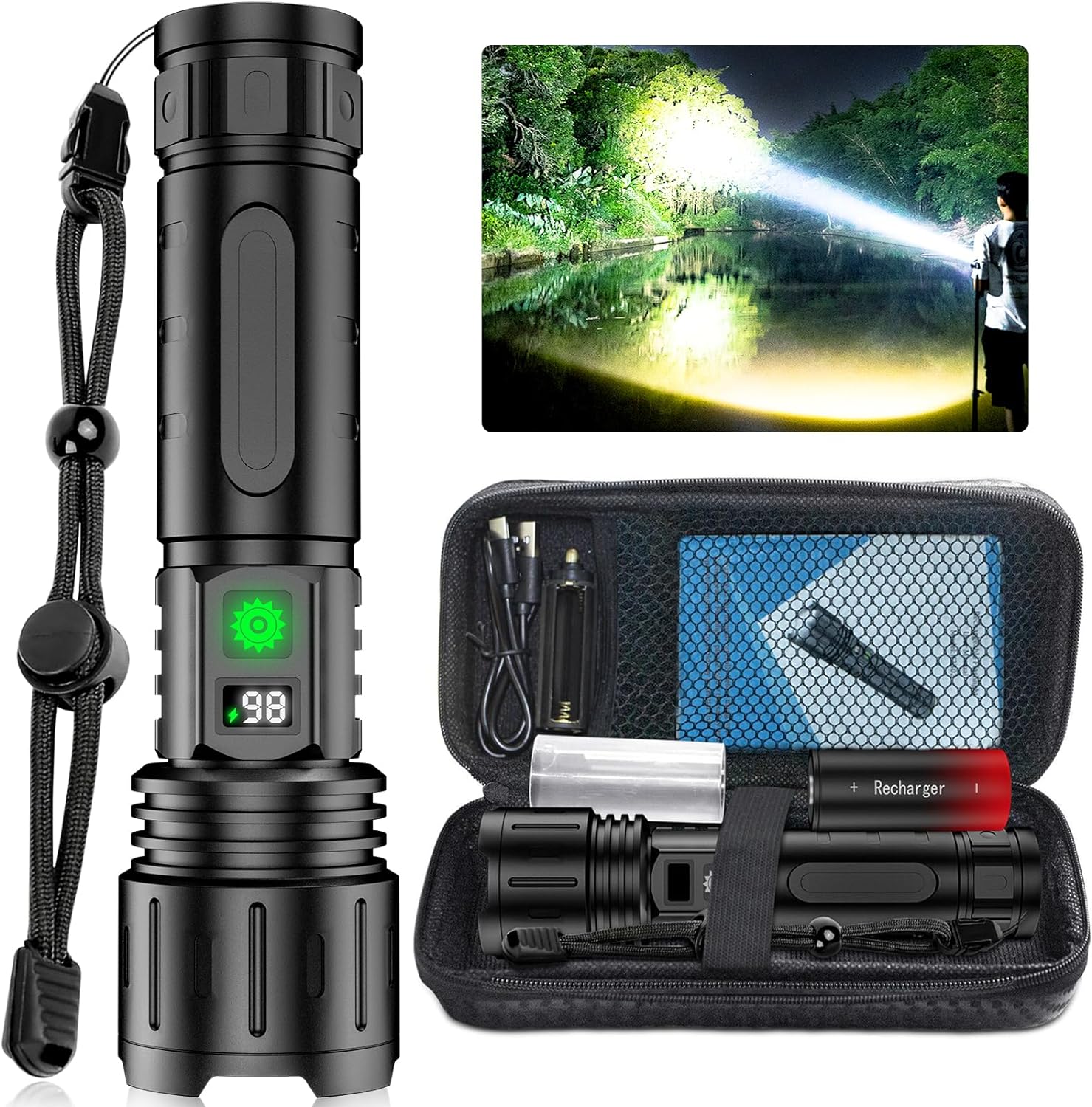 LED-lommelygte med zoombar stråle og powerbank