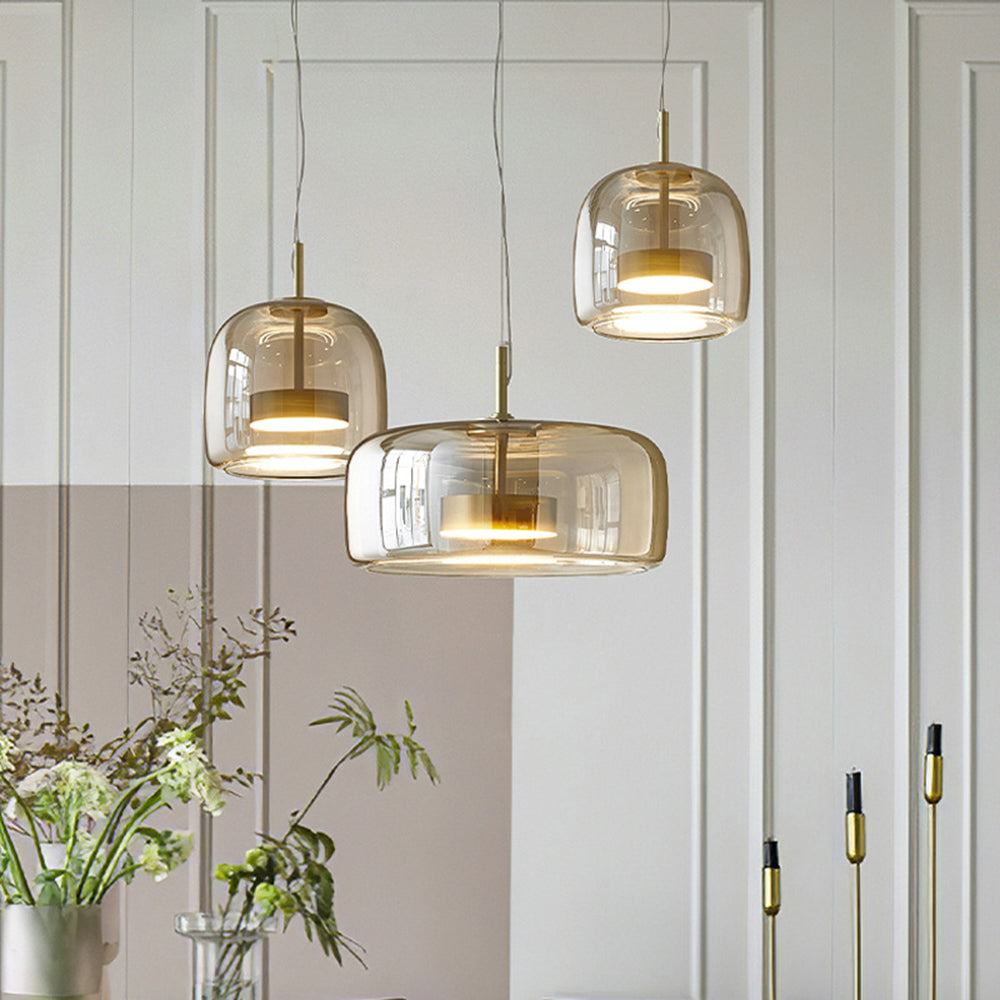 AmberGlow - Retro LED Pendant Lights with Gold Metal and Glass