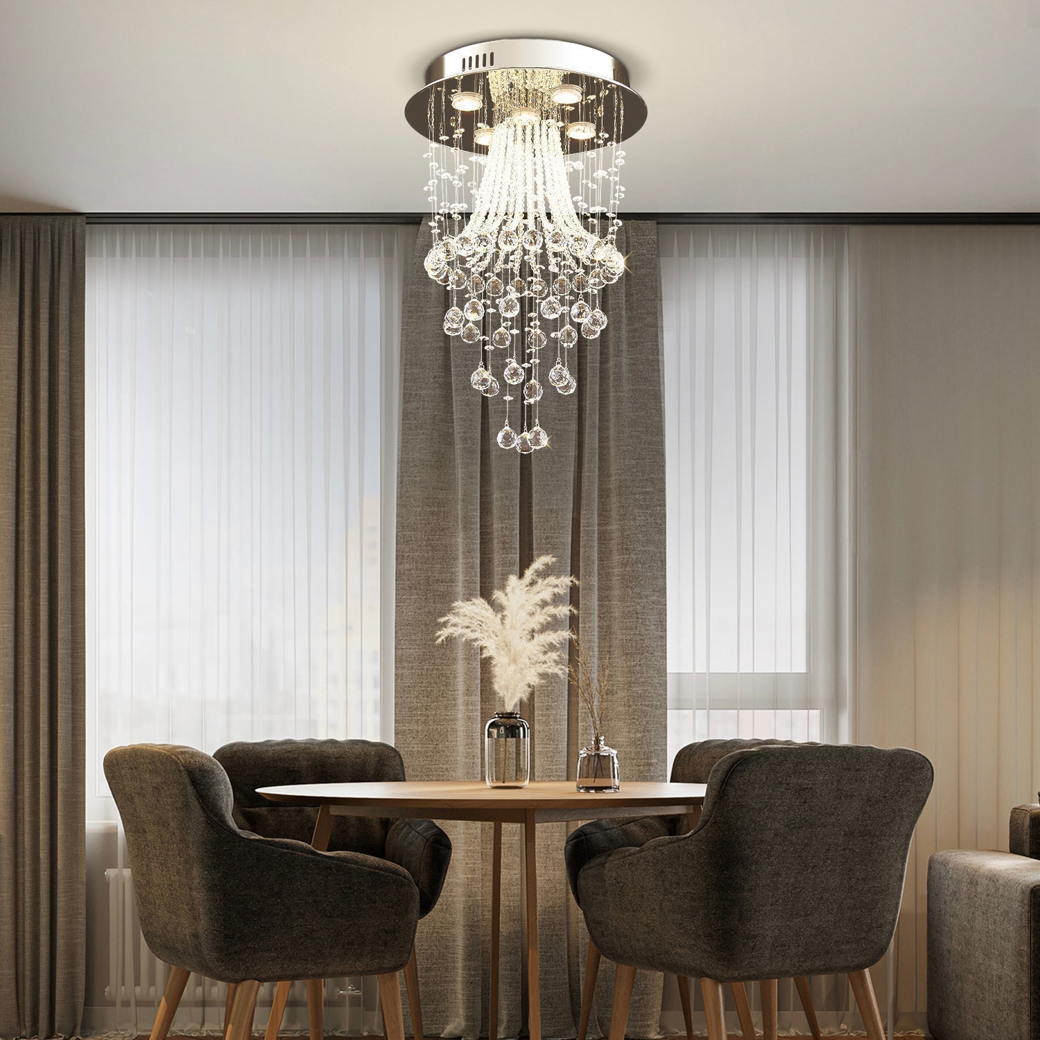 Luminous Aura - Contemporary Jellyfish Flush Mount Ceiling Light with Luxury Crystal for Living Room & Hallway