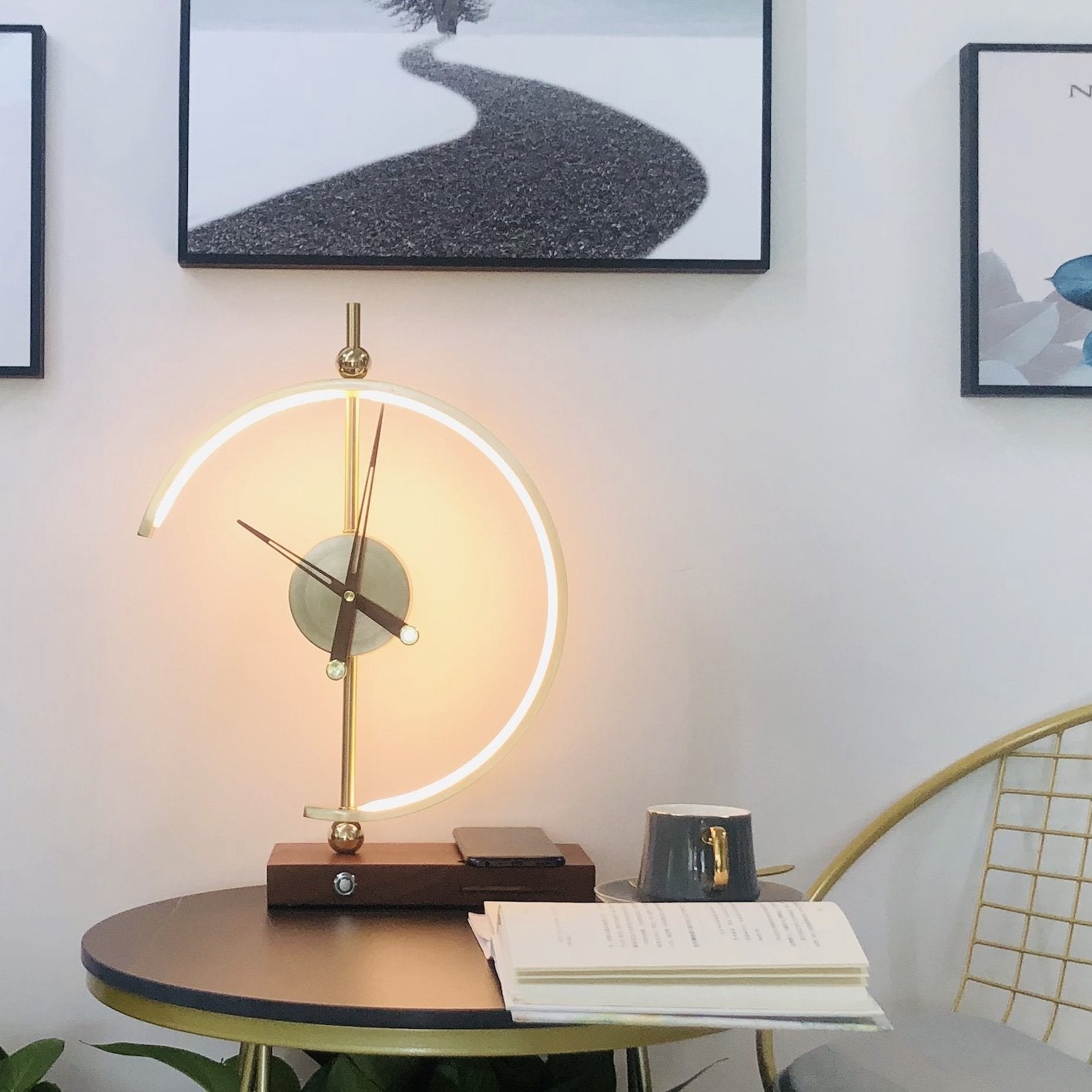 Bordlampe Moderne Træ Ur Oplader Lys
