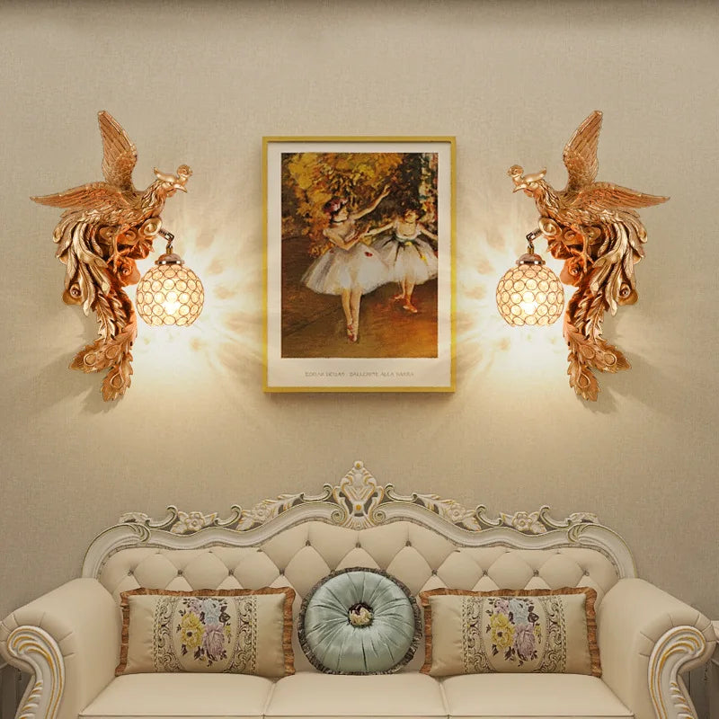 Radiant Ember Dragon and Phoenix Wall Light - Antique-Style Decorative Lamp for Living Room & Hallway