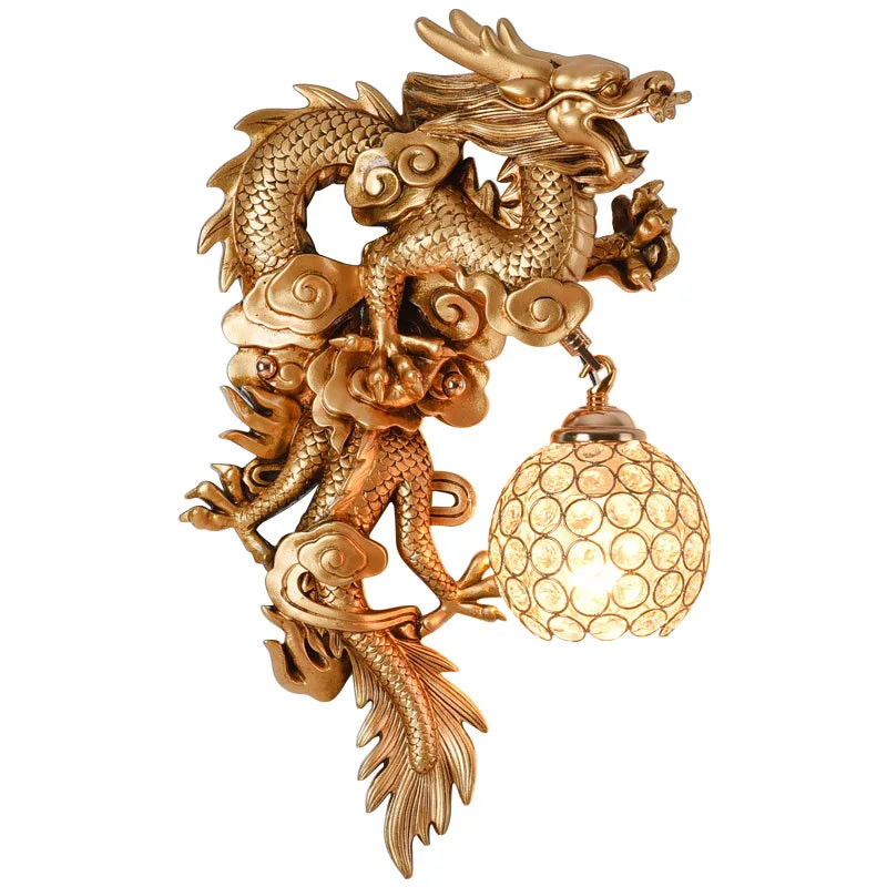 Radiant Ember Dragon and Phoenix Wall Light - Antique-Style Decorative Lamp for Living Room & Hallway