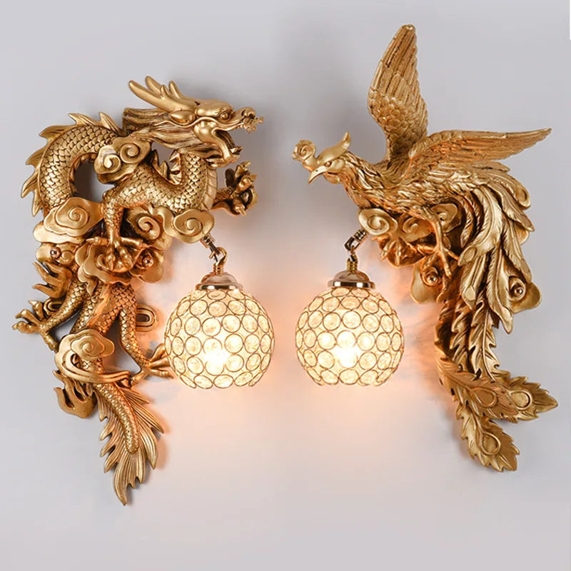 Radiant Ember Dragon and Phoenix Wall Light - Antique-Style Decorative Lamp for Living Room & Hallway