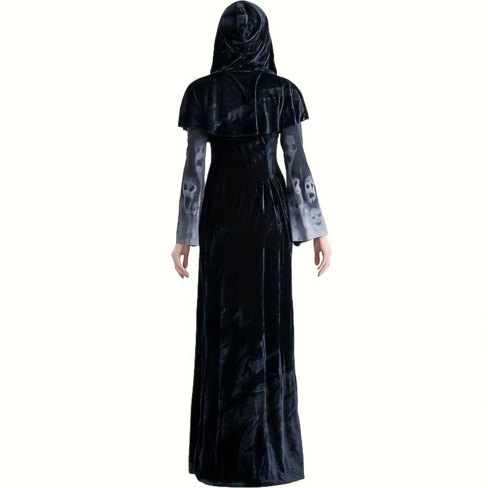 Gotický čarodějnický kostým na Halloween s potiskem lebky šaty