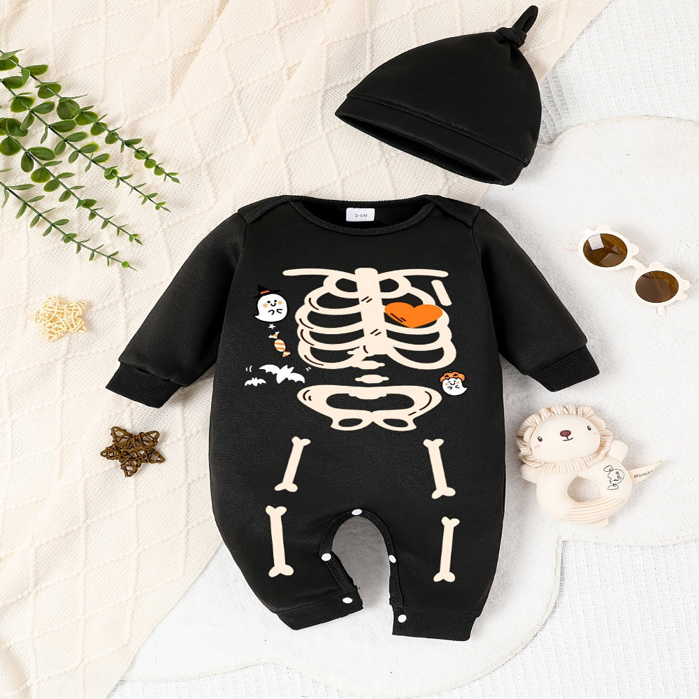 ハロウィン ベビー スケルトン ロンパー アウトフィット 帽子付き