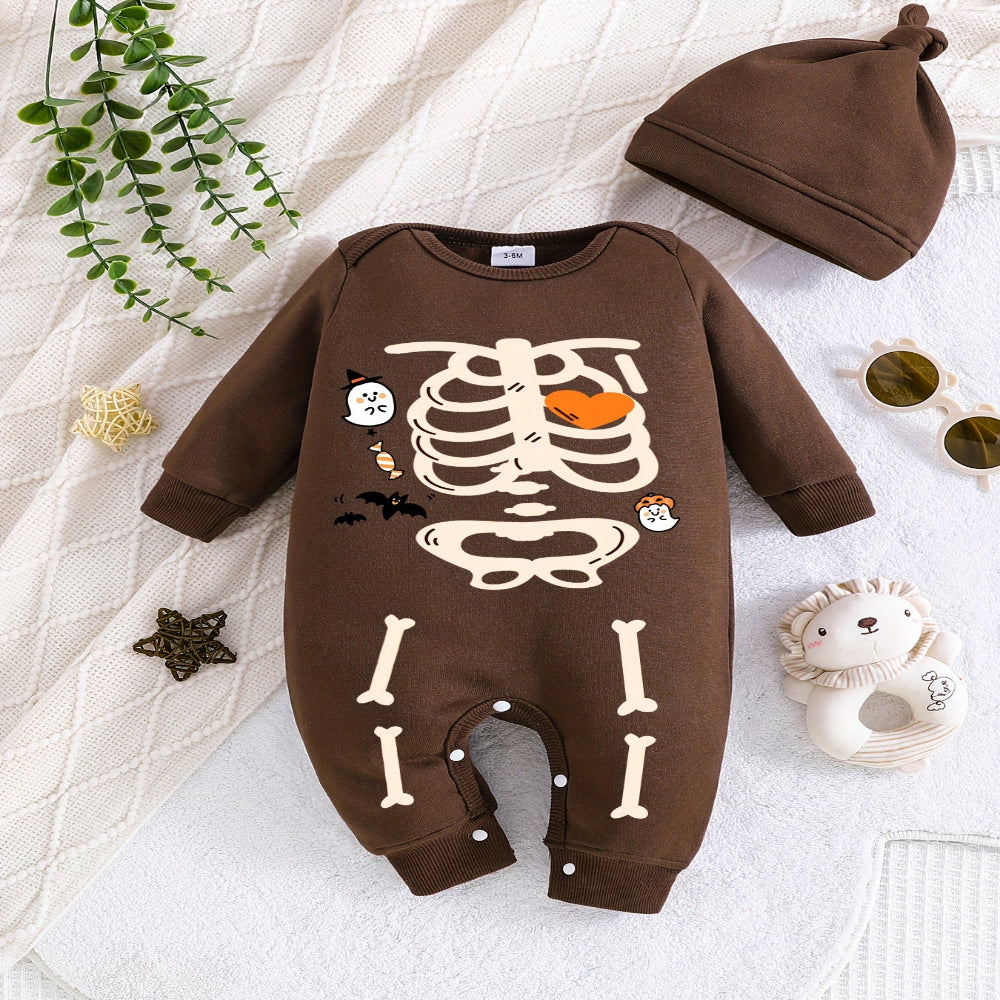 ハロウィン ベビー スケルトン ロンパー アウトフィット 帽子付き
