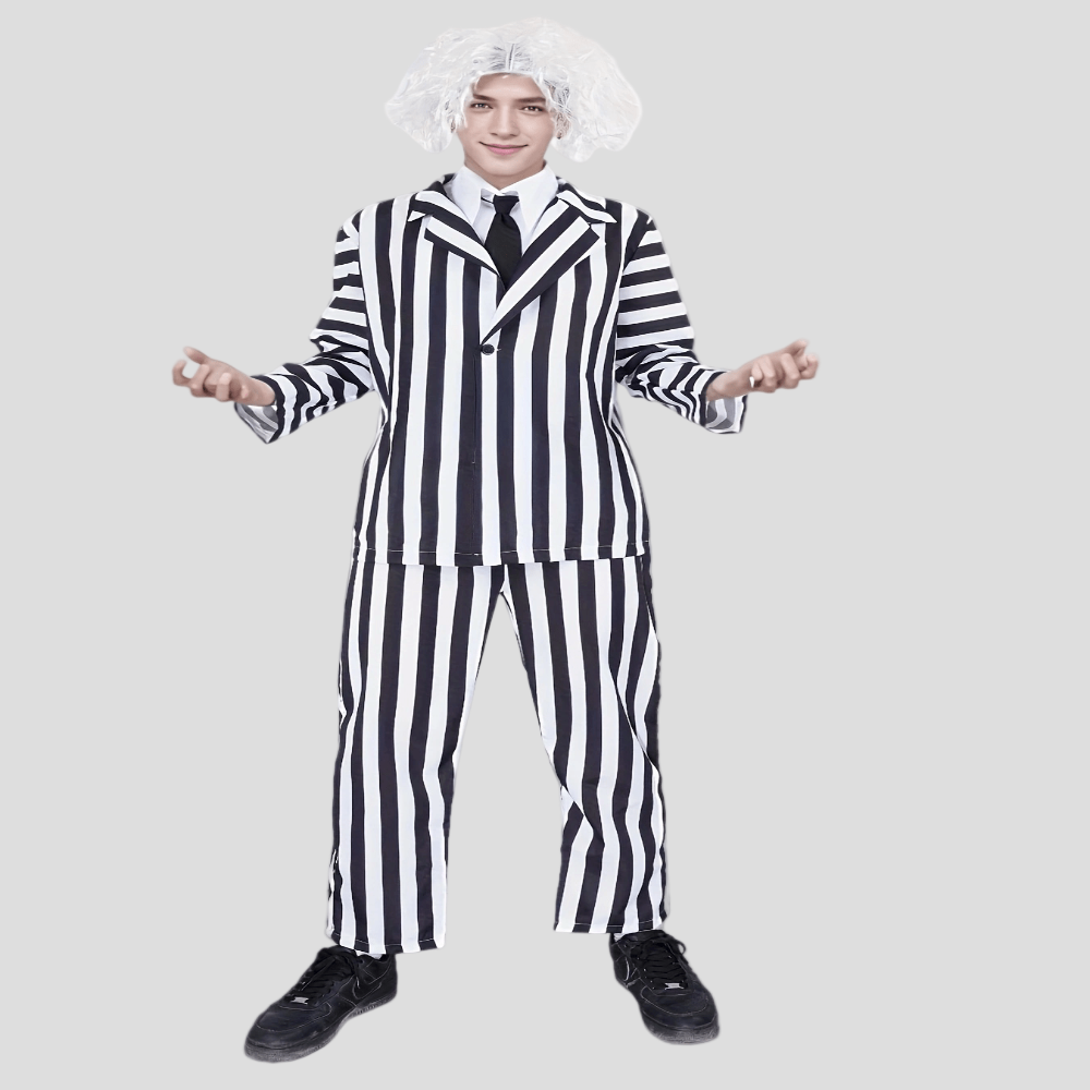 ハロウィン衣装 黒白ストライプ ポリエステルスーツ ウィッグセット