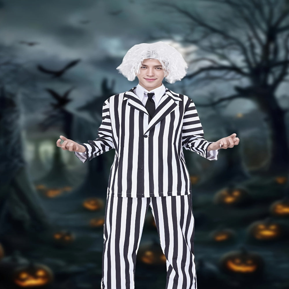 ハロウィン衣装 黒白ストライプ ポリエステルスーツ ウィッグセット